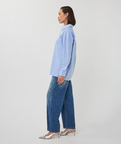 Striped Lightweight Button Up Collared Blouse. Style ESQ28003