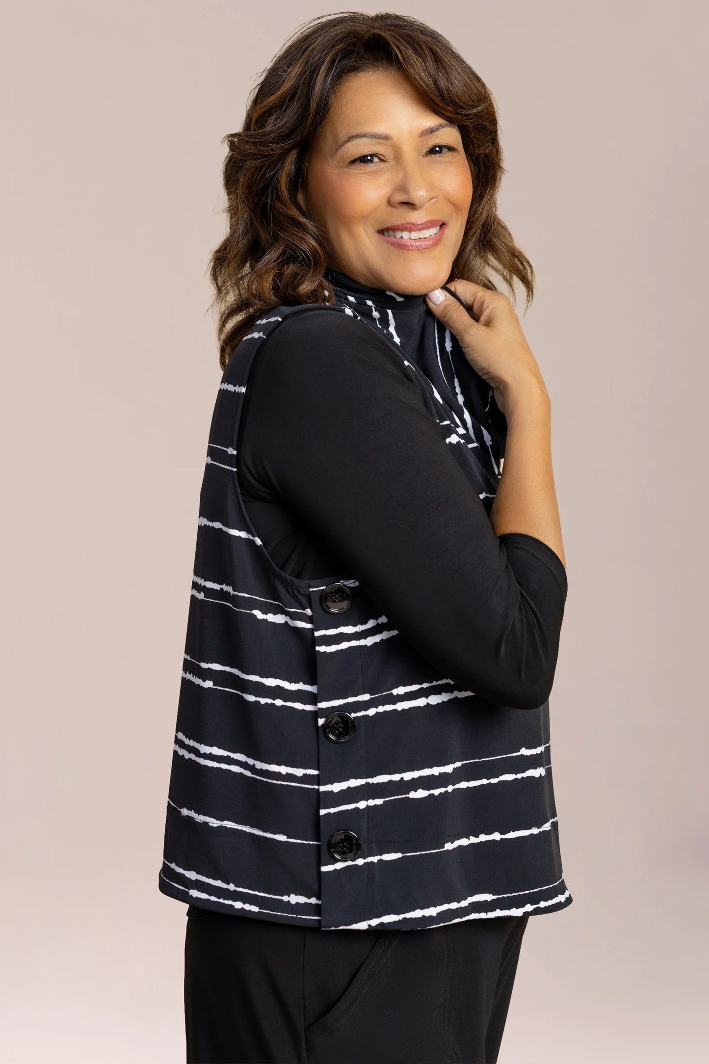Sleeveless Cowl Neck Stripes Side Buttons Tank. Style SI21249P