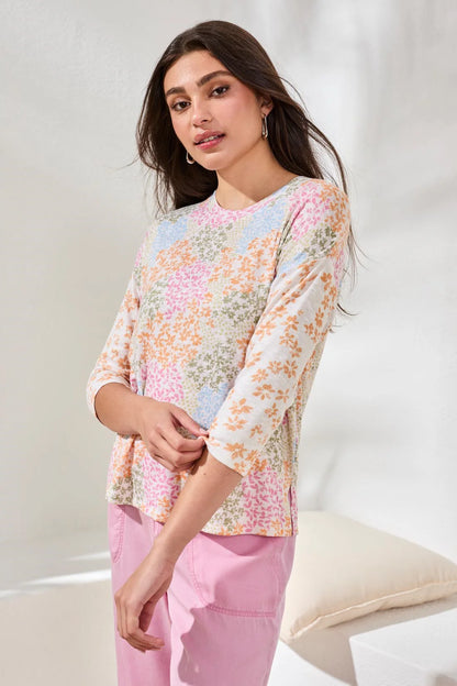 Floral Print 3/4 Sleeve Crew Neck Top. Style TR6124O-1619