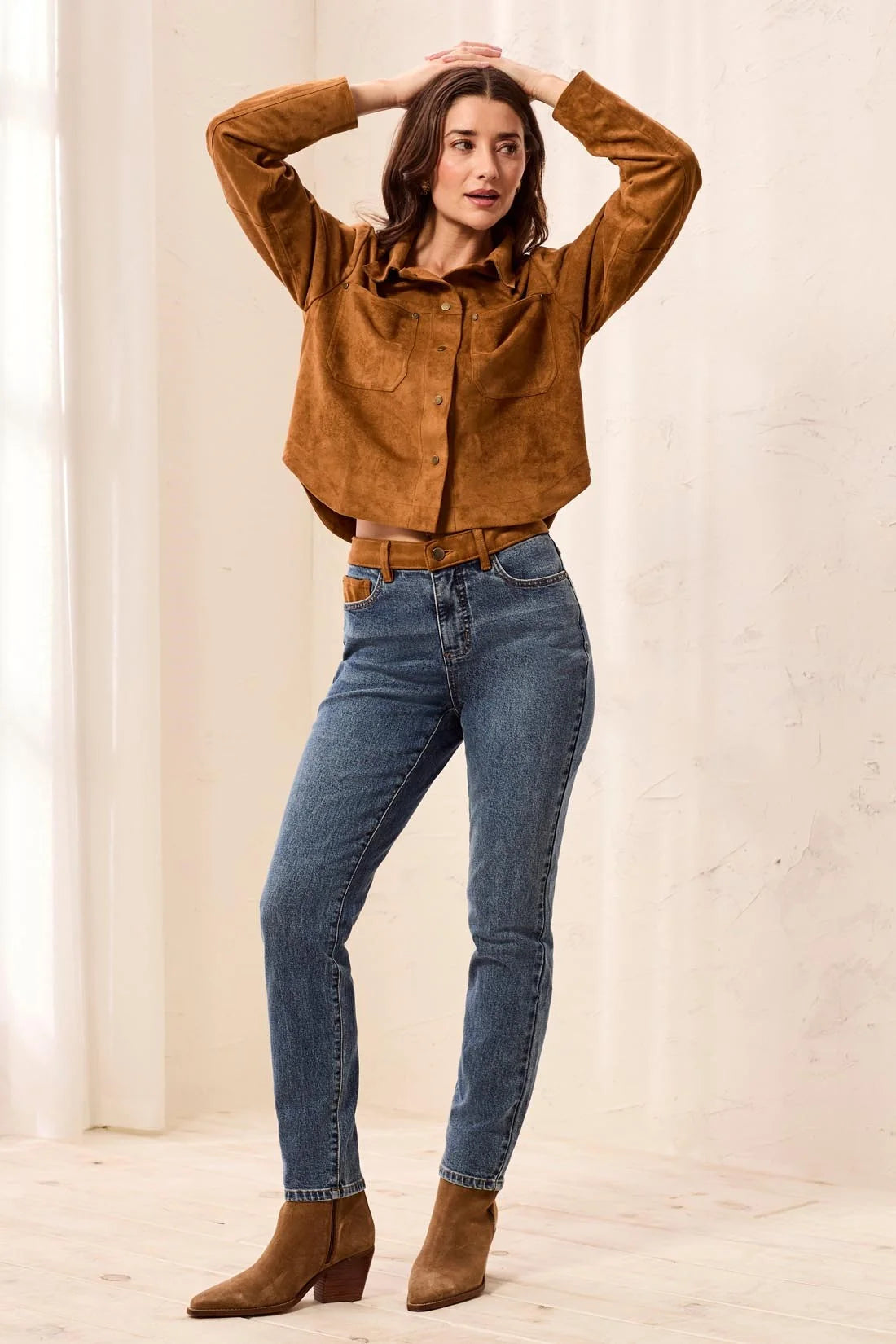 Audrey Faux Suede Waistband Slim Ankle Jeans. Style TR6247O-5632