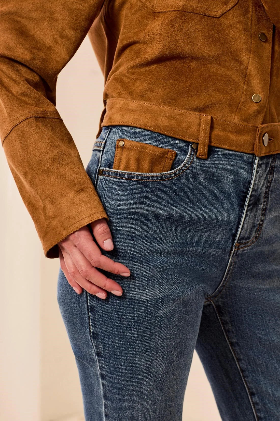 Audrey Faux Suede Waistband Slim Ankle Jeans. Style TR6247O-5632