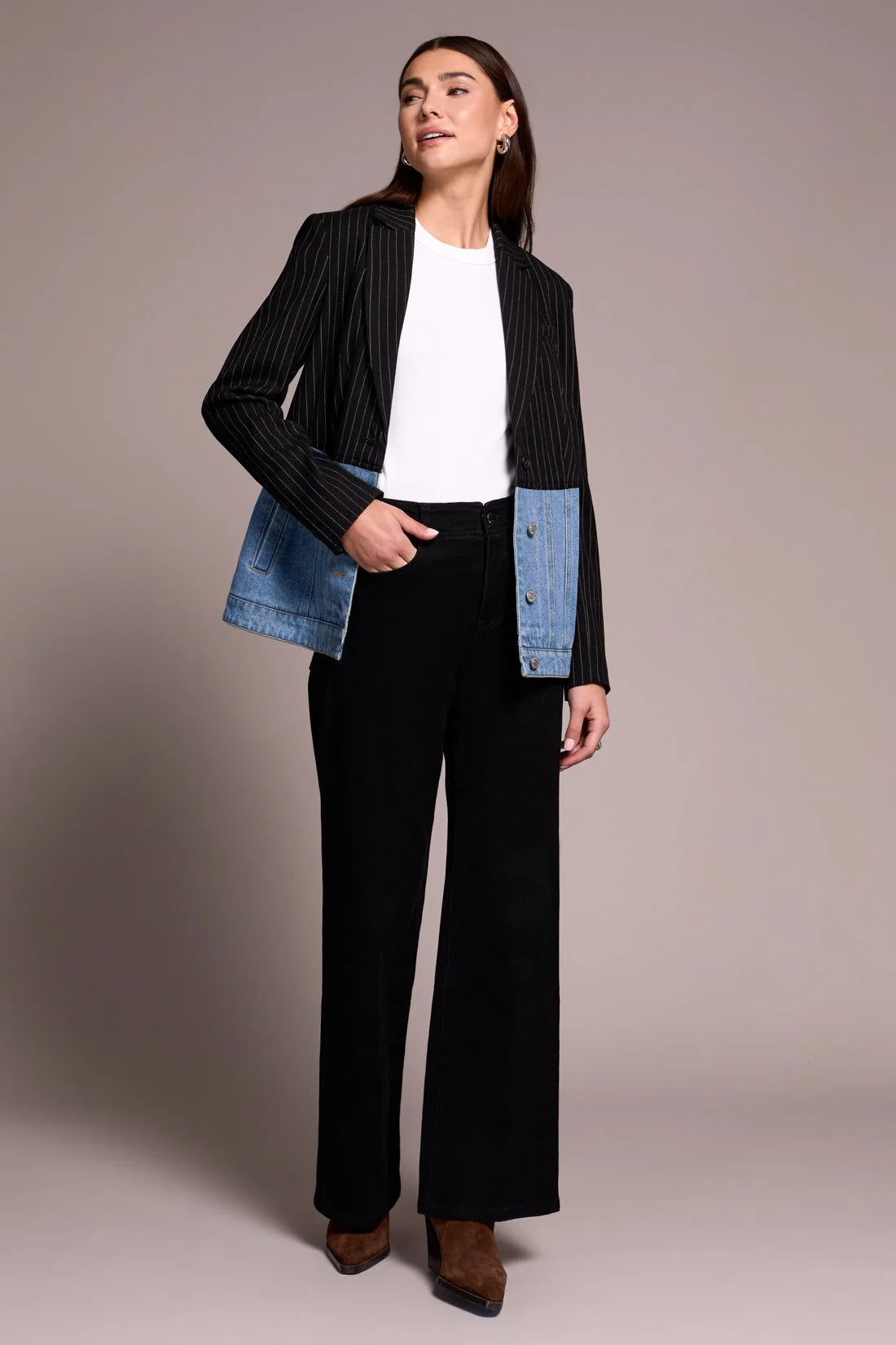Mixed Media Pin Stripe & Denim Blazer. Style TR5916O-5029