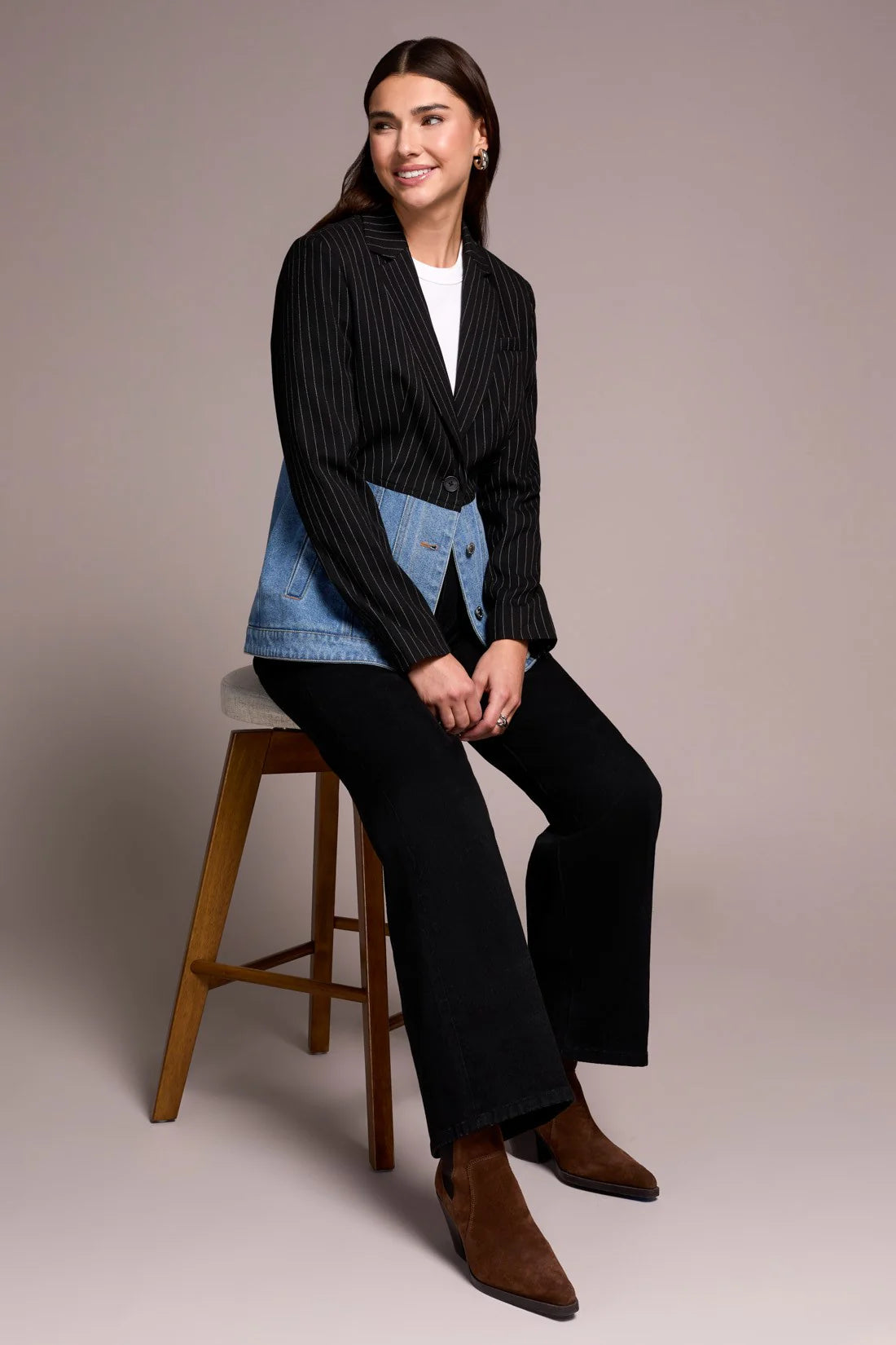 Mixed Media Pin Stripe & Denim Blazer. Style TR5916O-5029