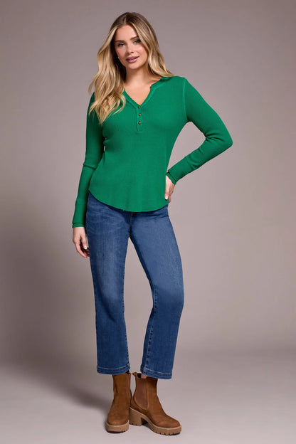 Brushed Waffle Knit Henley Long Sleeve Top. Style TR5899O-5159