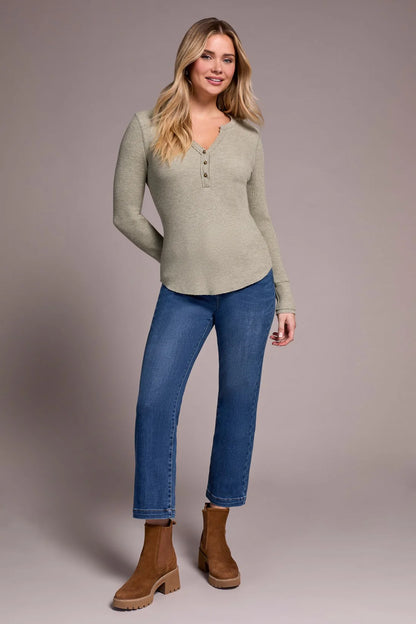 Brushed Waffle Knit Henley Long Sleeve Top. Style TR5899O-5159