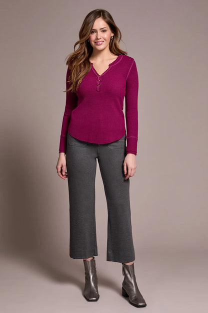 Brushed Waffle Knit Henley Long Sleeve Top. Style TR5899O-5159