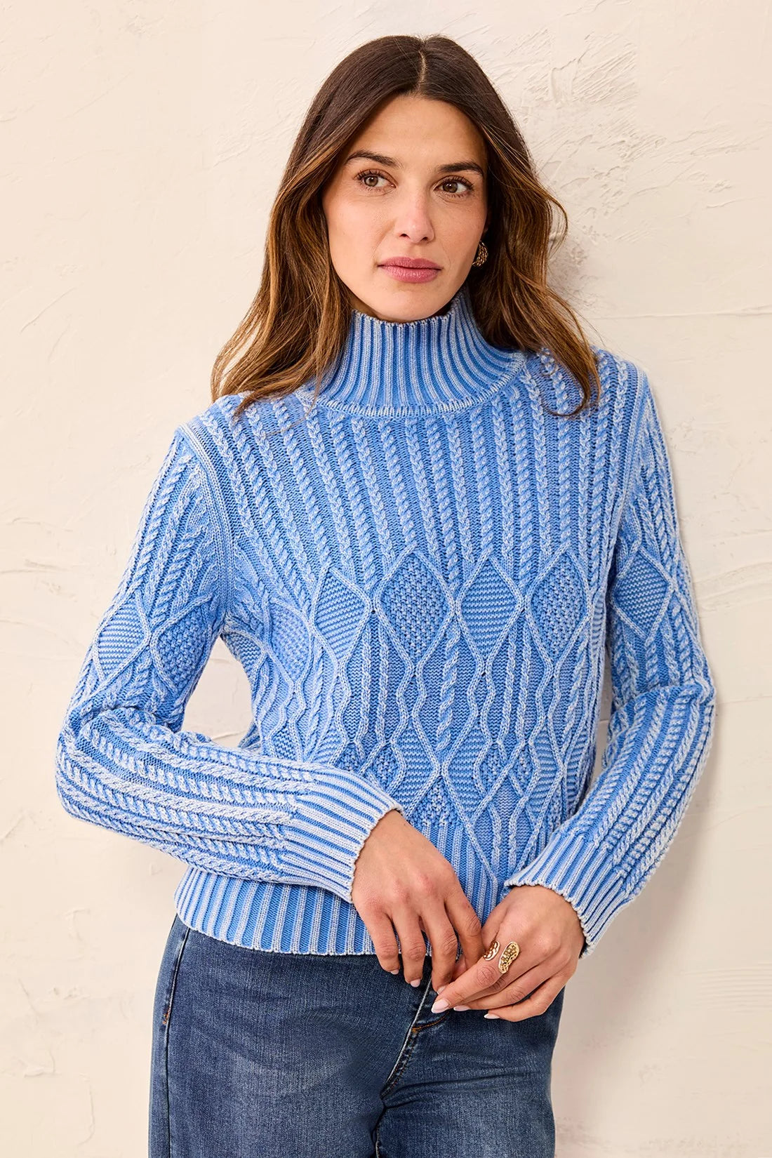 Cable Knit Mock Neck Special Wash Sweater. Style TR6251O-4632