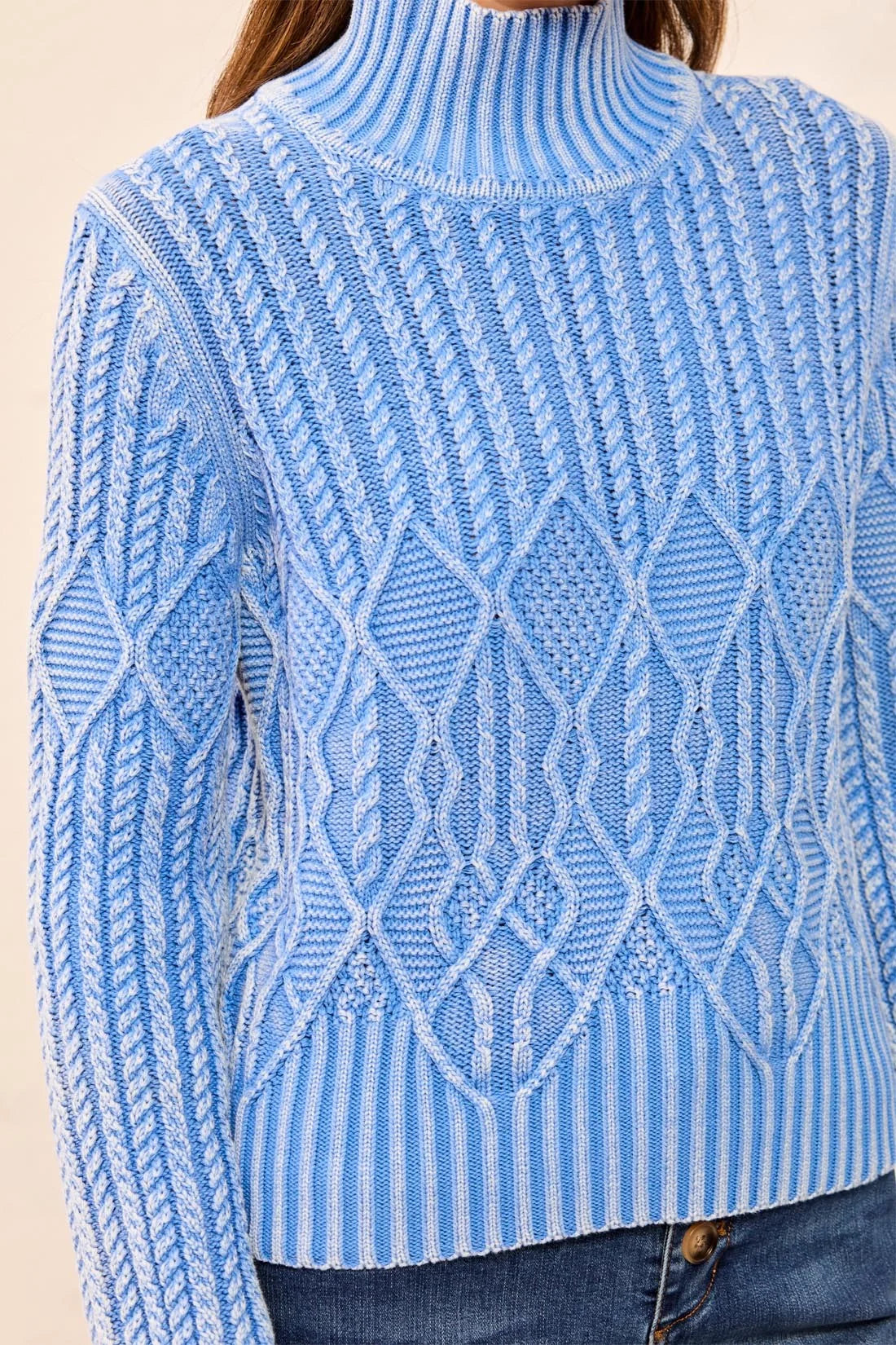 Cable Knit Mock Neck Special Wash Sweater. Style TR6251O-4632