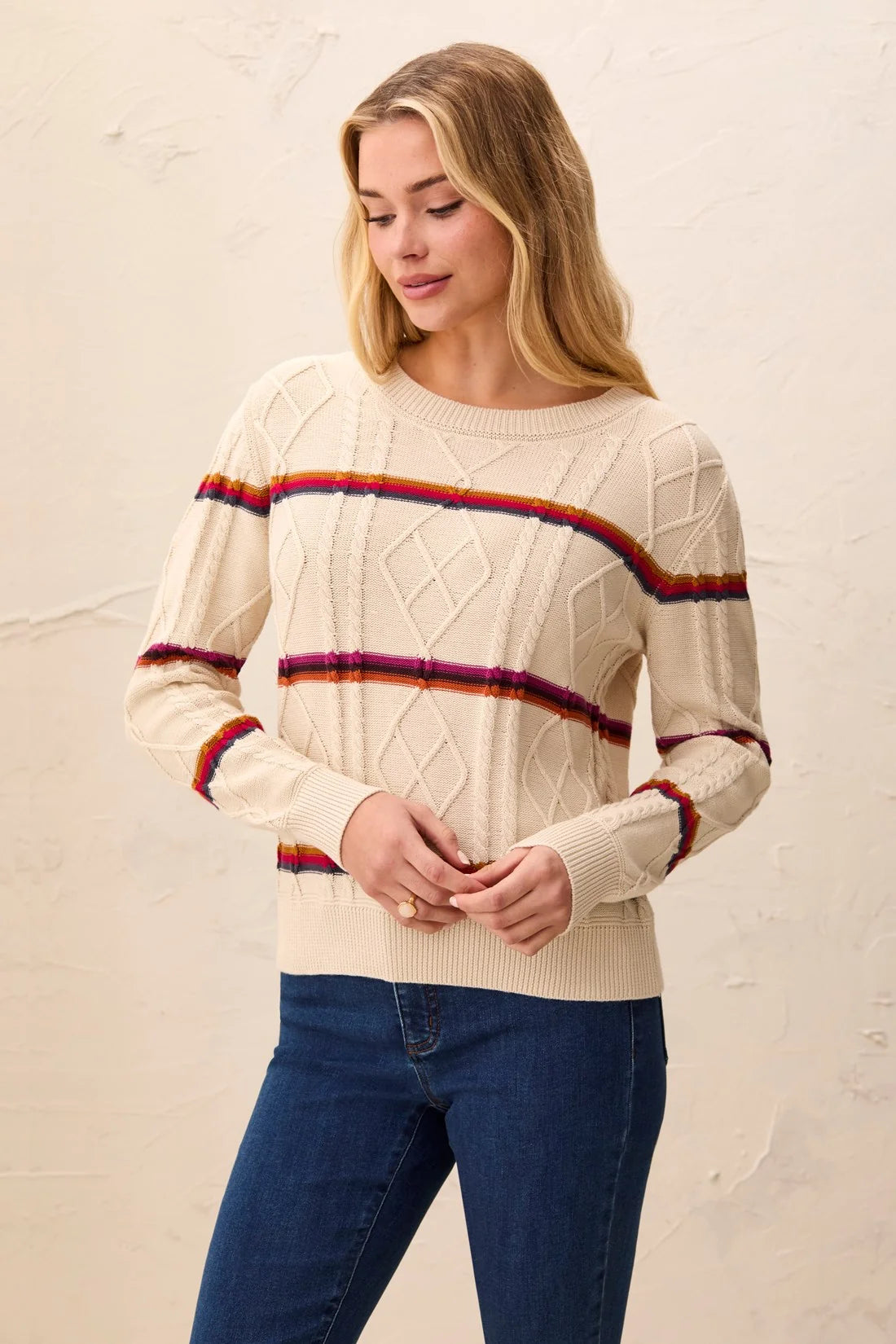 Cable Knit Stripe Crew Neck Cotton Sweater. Style TR3212O-576