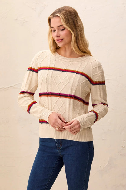 Cable Knit Stripe Crew Neck Cotton Sweater. Style TR3212O-576