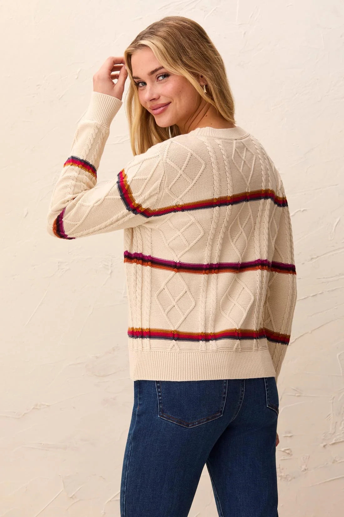 Cable Knit Stripe Crew Neck Cotton Sweater. Style TR3212O-576