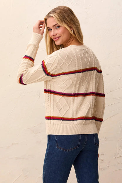 Cable Knit Stripe Crew Neck Cotton Sweater. Style TR3212O-576