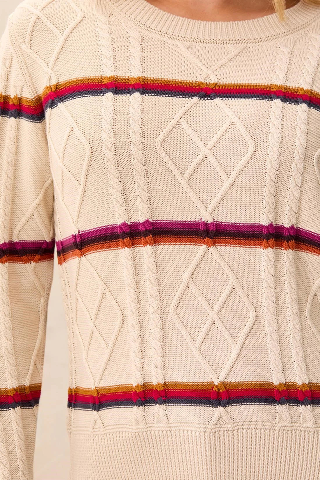 Cable Knit Stripe Crew Neck Cotton Sweater. Style TR3212O-576