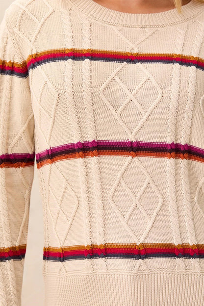 Cable Knit Stripe Crew Neck Cotton Sweater. Style TR3212O-576