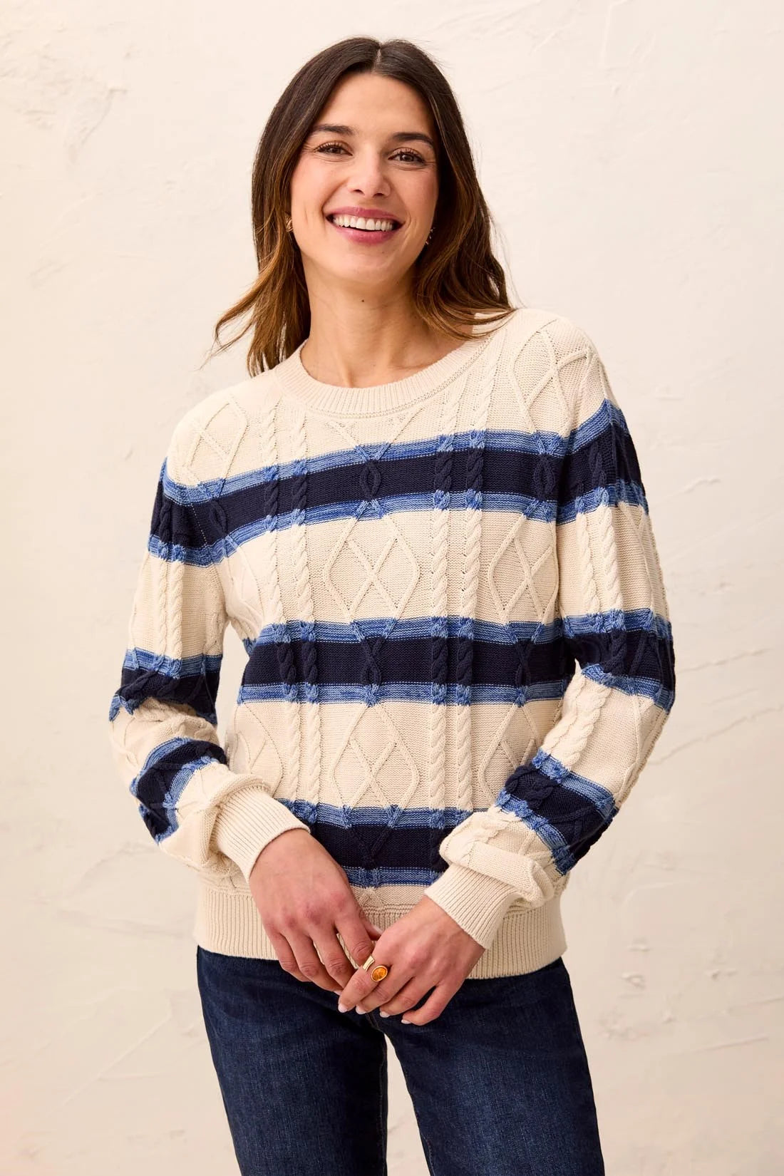 Cable Knit Stripe Crew Neck Cotton Sweater. Style TR3212O-576