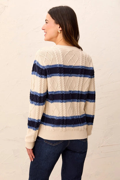 Cable Knit Stripe Crew Neck Cotton Sweater. Style TR3212O-576