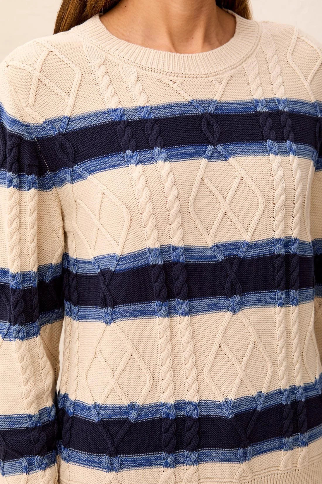 Cable Knit Stripe Crew Neck Cotton Sweater. Style TR3212O-576