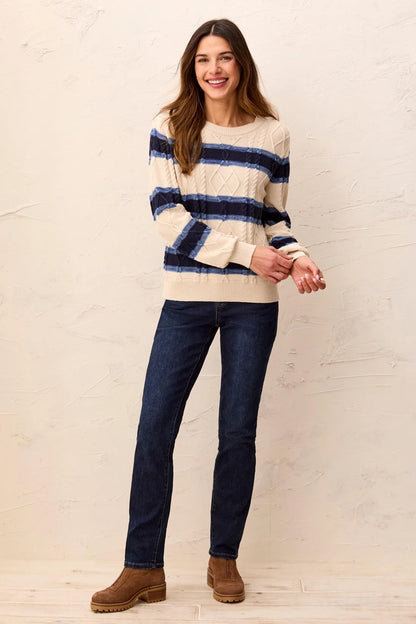 Cable Knit Stripe Crew Neck Cotton Sweater. Style TR3212O-576