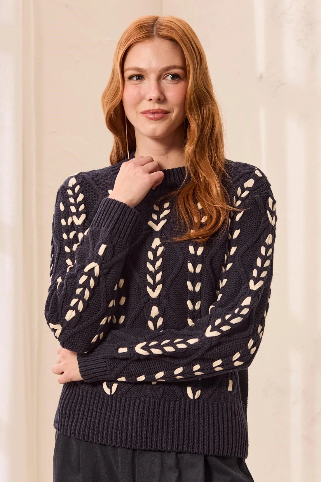 Contrast Lace-Up Cable Knit Crew Neck Sweater. Style TR3129O-3954
