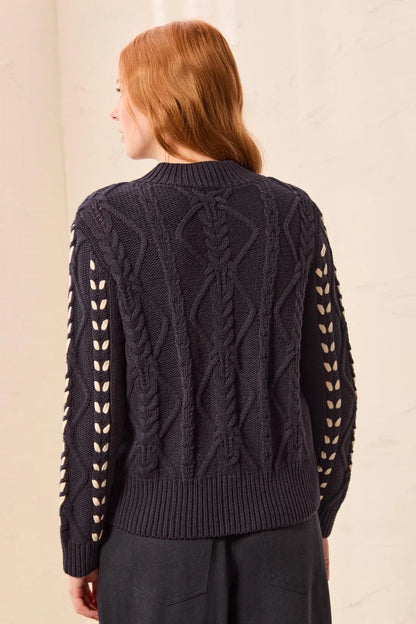 Contrast Lace-Up Cable Knit Crew Neck Sweater. Style TR3129O-3954
