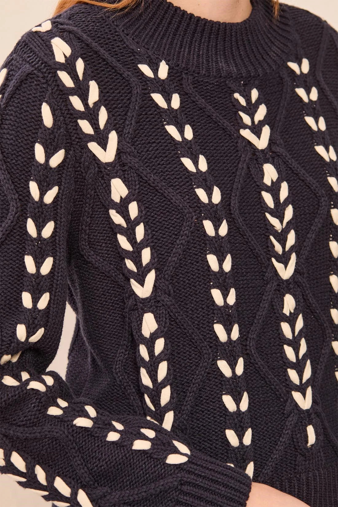 Contrast Lace-Up Cable Knit Crew Neck Sweater. Style TR3129O-3954