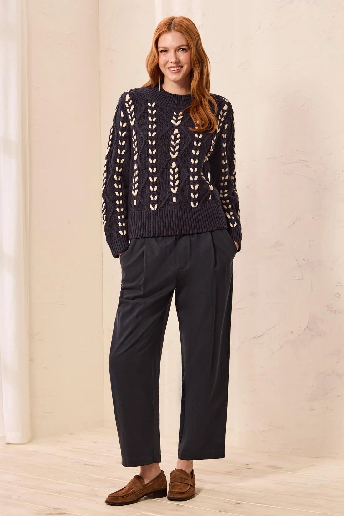 Contrast Lace-Up Cable Knit Crew Neck Sweater. Style TR3129O-3954