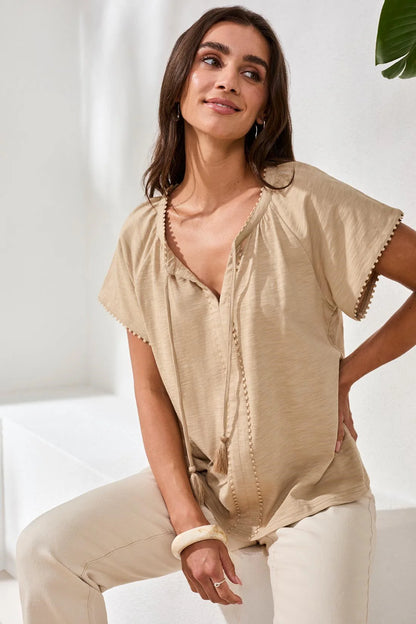 Tassel Tie Up Solid Colour Boho Top. Style TR2475O-8168