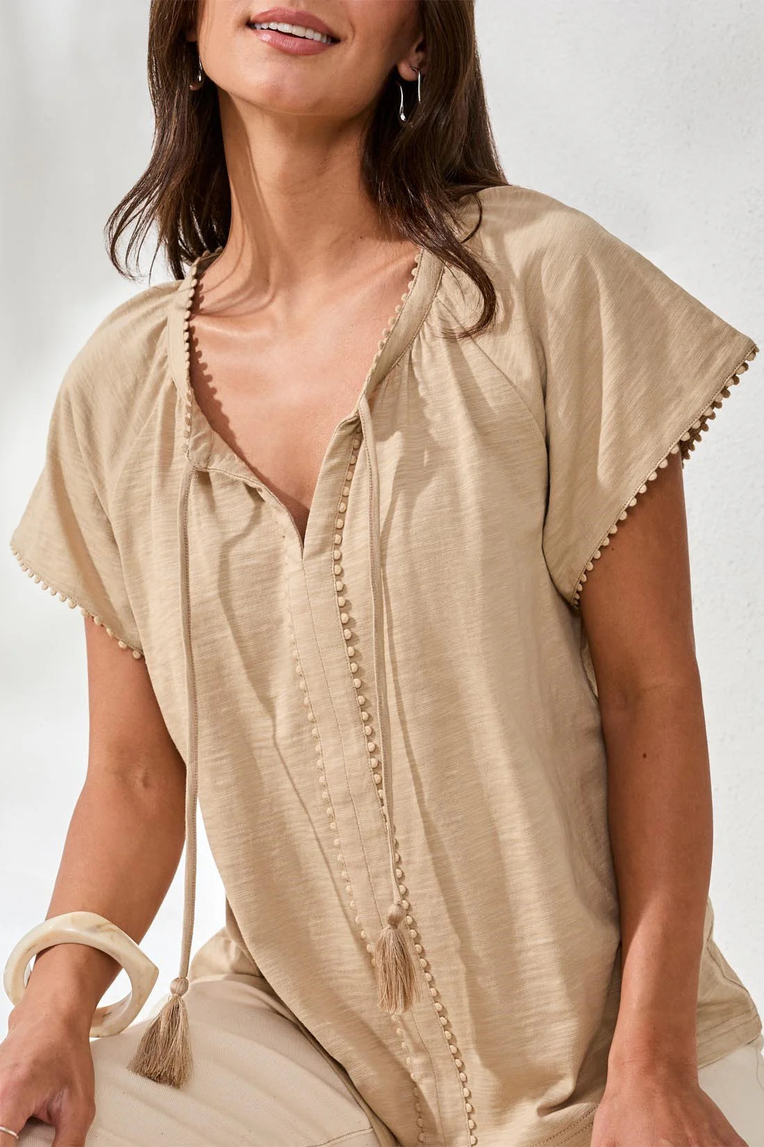 Tassel Tie Up Solid Colour Boho Top. Style TR2475O-8168