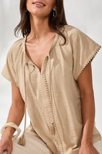 Tassel Tie Up Solid Colour Boho Top. Style TR2475O-8168