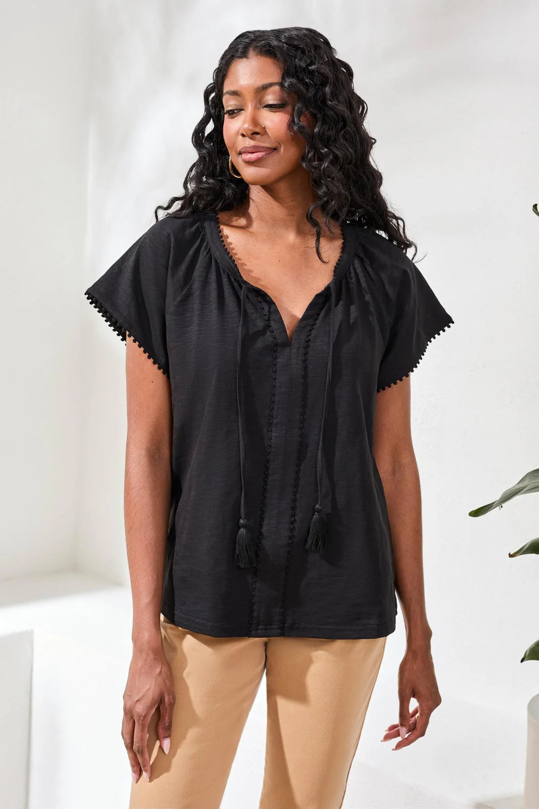 Tassel Tie Up Solid Colour Boho Top. Style TR2475O-8168