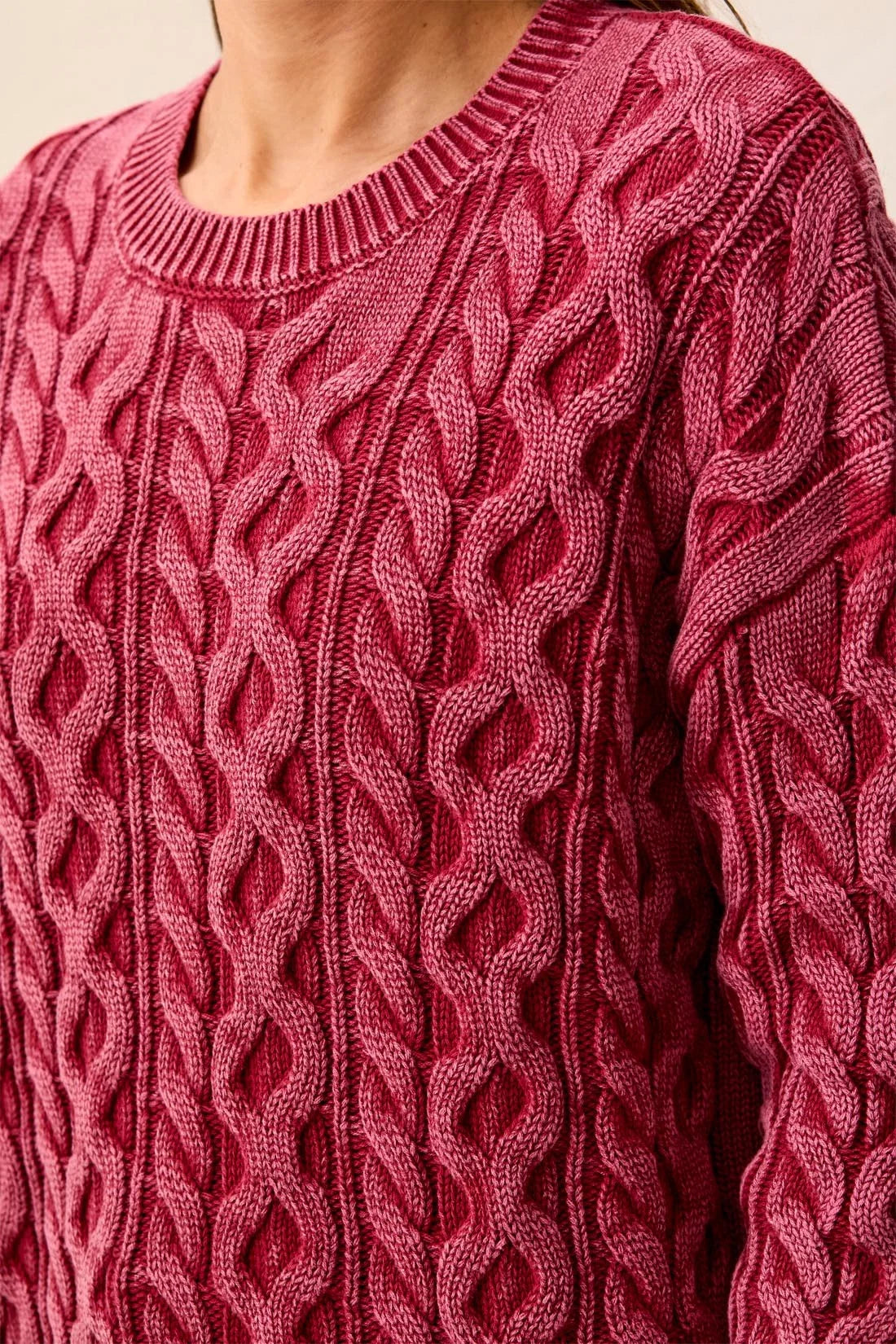 Cable Knit Special Wash Crew Neck Sweater. Style TR6243O-4632