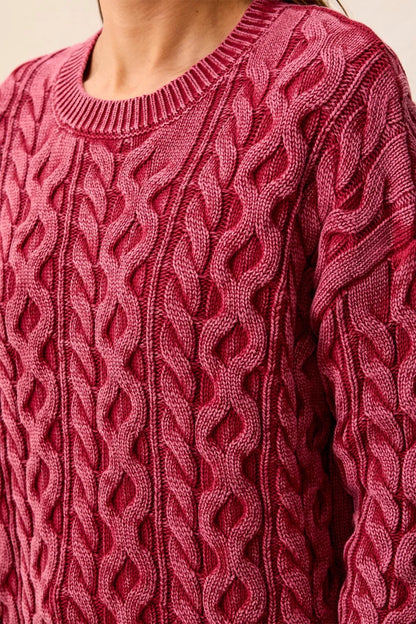 Cable Knit Special Wash Crew Neck Sweater. Style TR6243O-4632