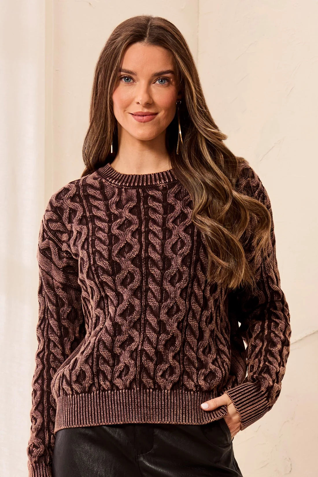 Cable Knit Special Wash Crew Neck Sweater. Style TR6243O-4632