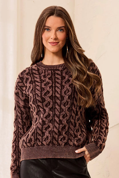 Cable Knit Special Wash Crew Neck Sweater. Style TR6243O-4632