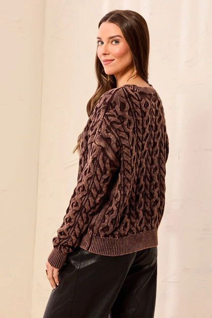 Cable Knit Special Wash Crew Neck Sweater. Style TR6243O-4632