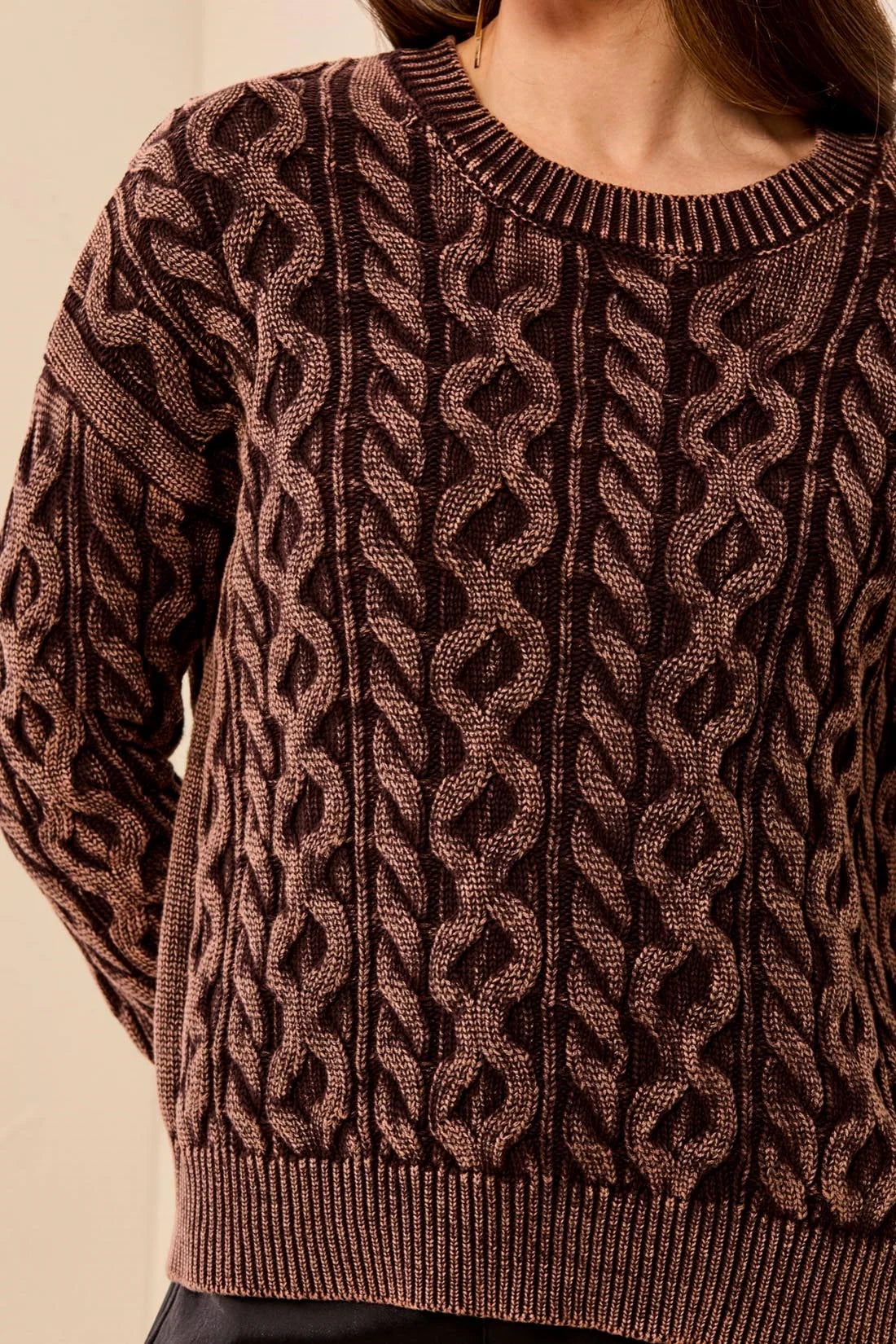 Cable Knit Special Wash Crew Neck Sweater. Style TR6243O-4632