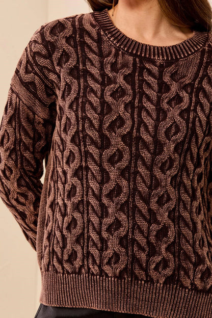Cable Knit Special Wash Crew Neck Sweater. Style TR6243O-4632