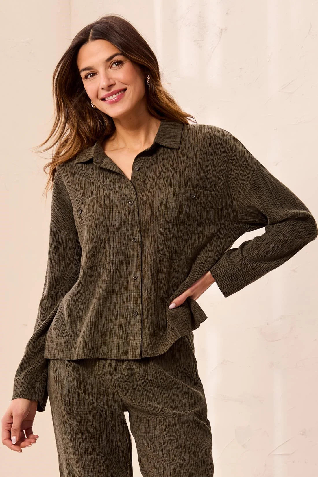 Crinkle Lyocell Long Sleeve Button Front Shirt. Style TR3142O-8503