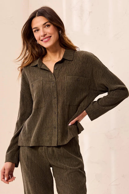 Crinkle Lyocell Long Sleeve Button Front Shirt. Style TR3142O-8503
