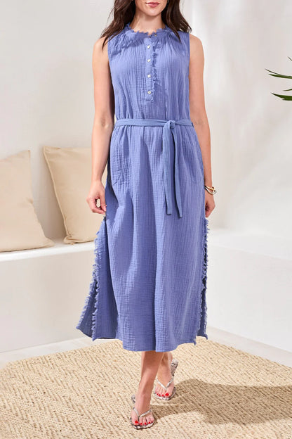 Crinkle Gauze Button-Front Belted Midi Dress. Style TR6056O-4555