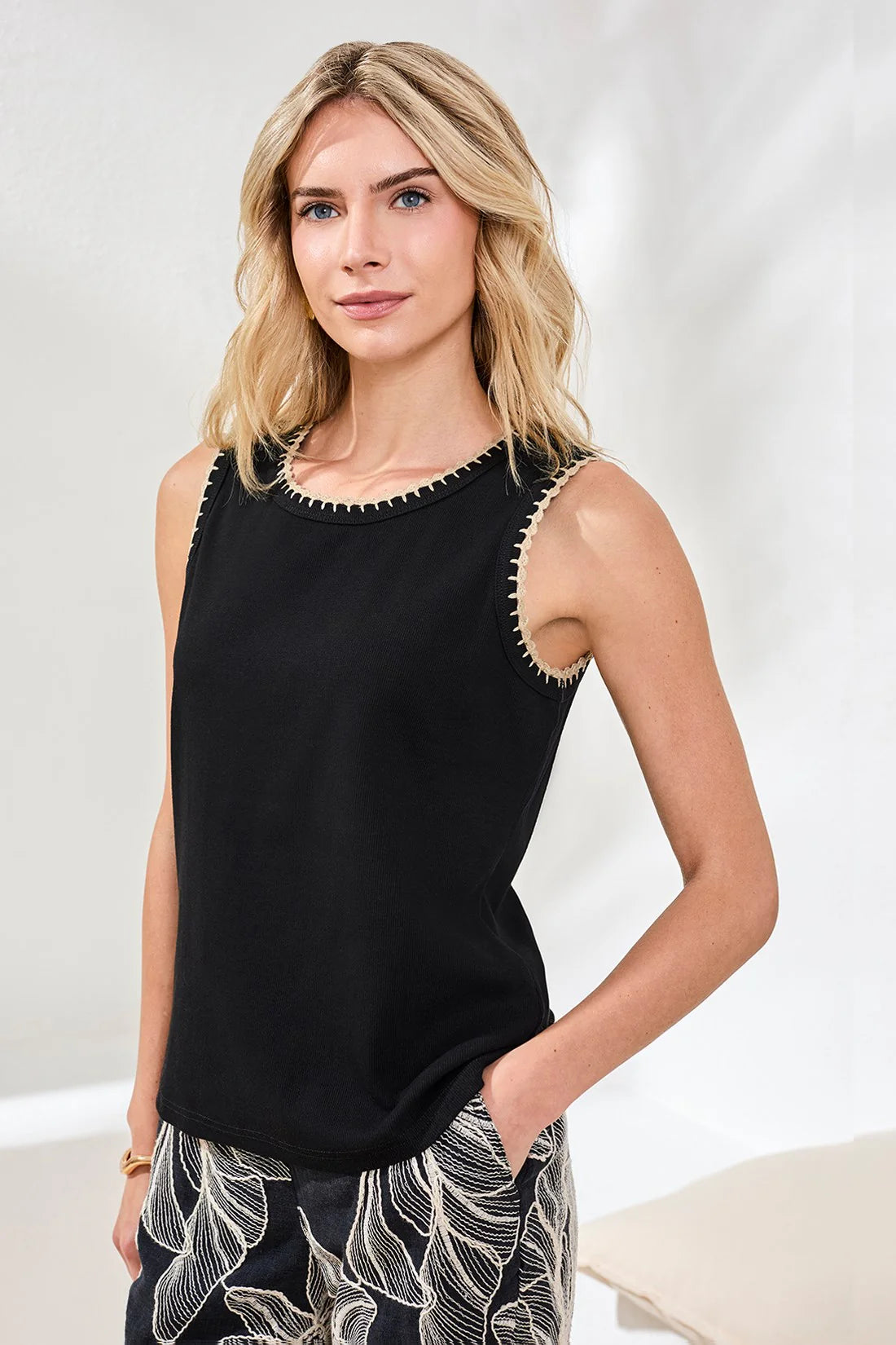 Crochet Trim Ribbed Sleeveless Top. Style TR2430O-8367