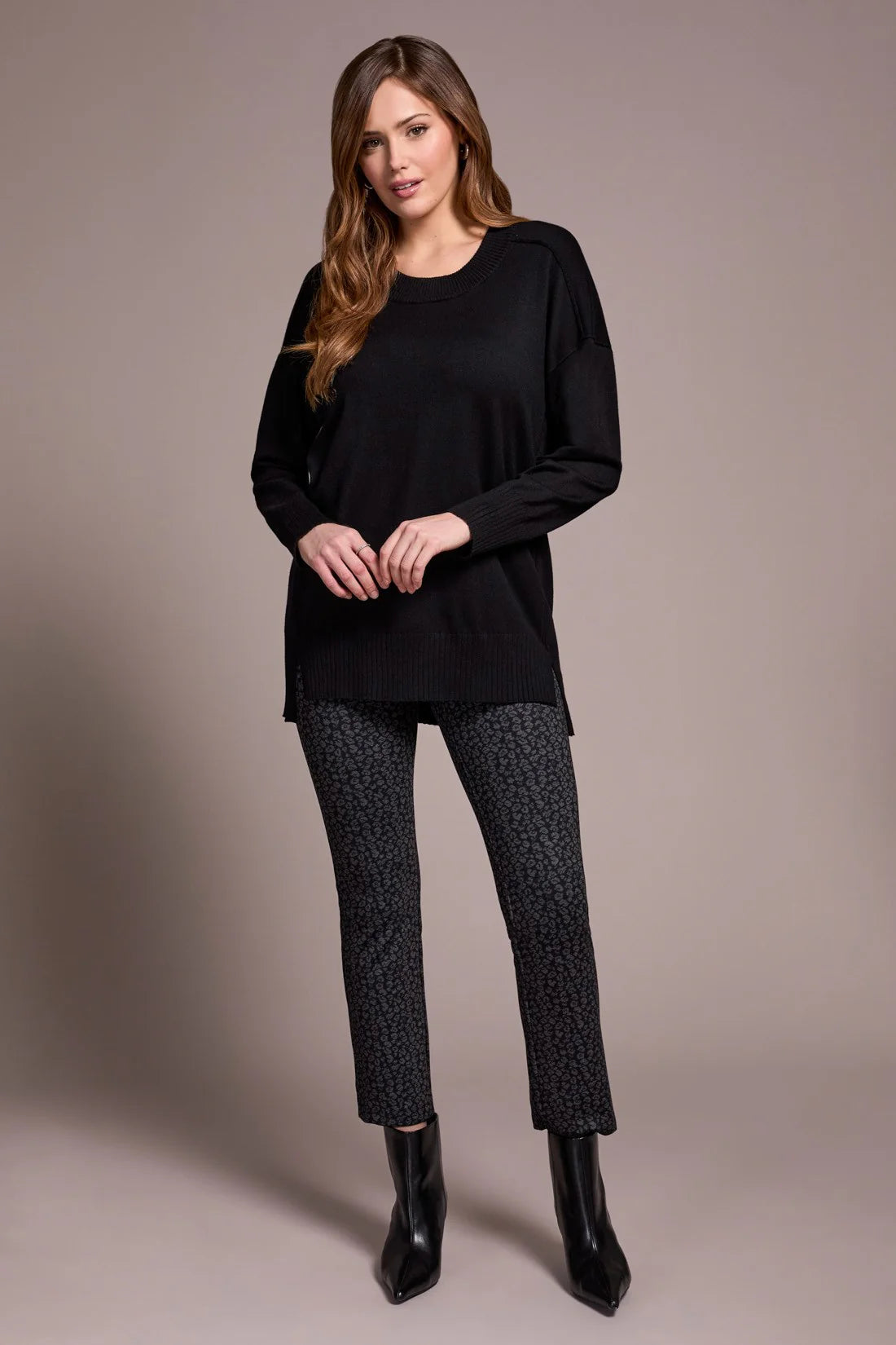 Drop Shoulder Crew Neck Tunic Sweater. Style TR2394O-8359