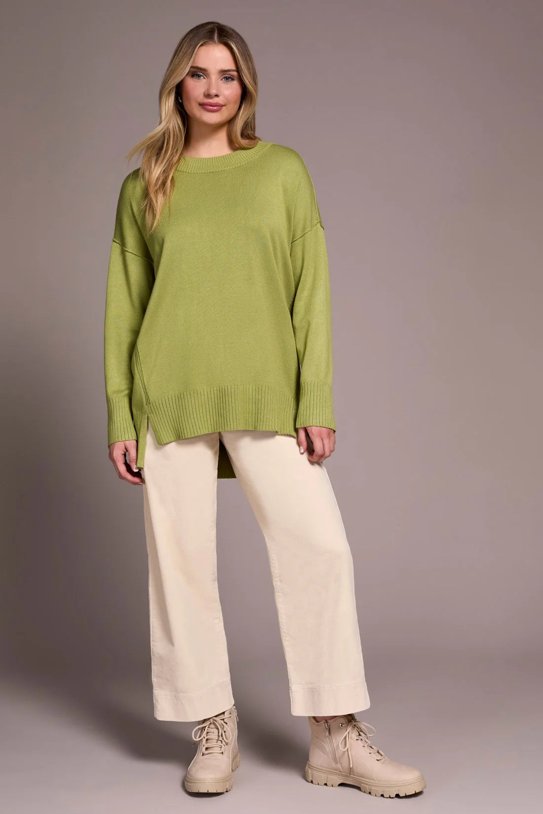 Drop Shoulder Crew Neck Tunic Sweater. Style TR2394O-8359