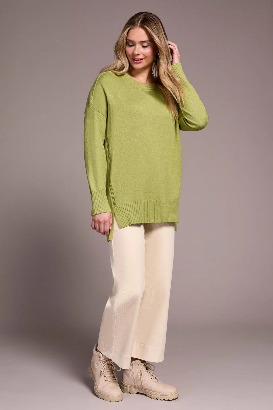 Drop Shoulder Crew Neck Tunic Sweater. Style TR2394O-8359