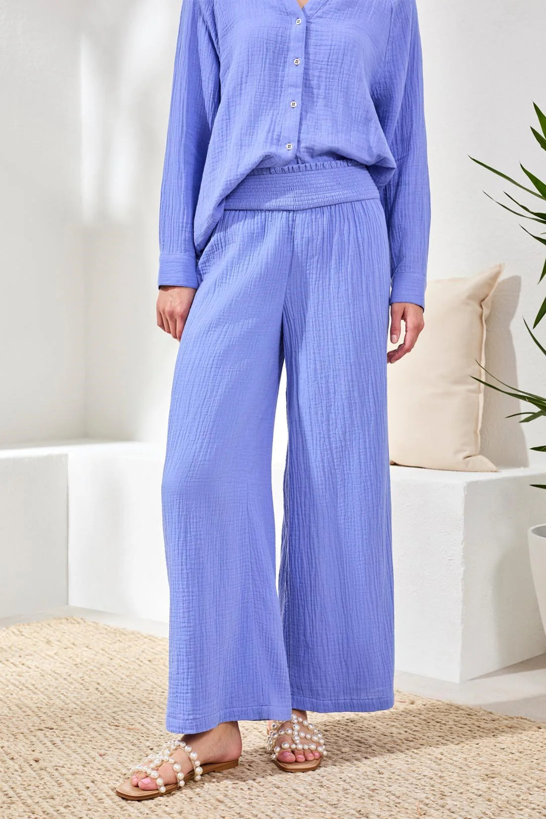 Smocked Elastic Waist Pull-On Wide Leg Cotton Pant. Style TR6057O-4555