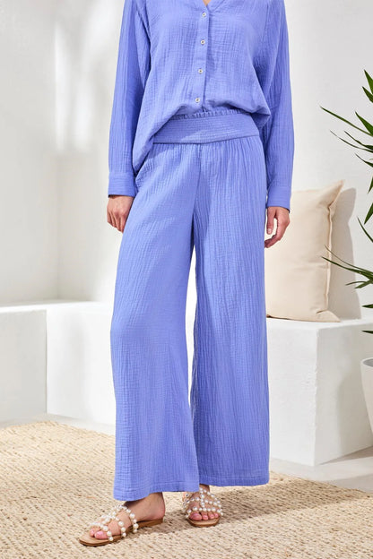 Smocked Elastic Waist Pull-On Wide Leg Cotton Pant. Style TR6057O-4555