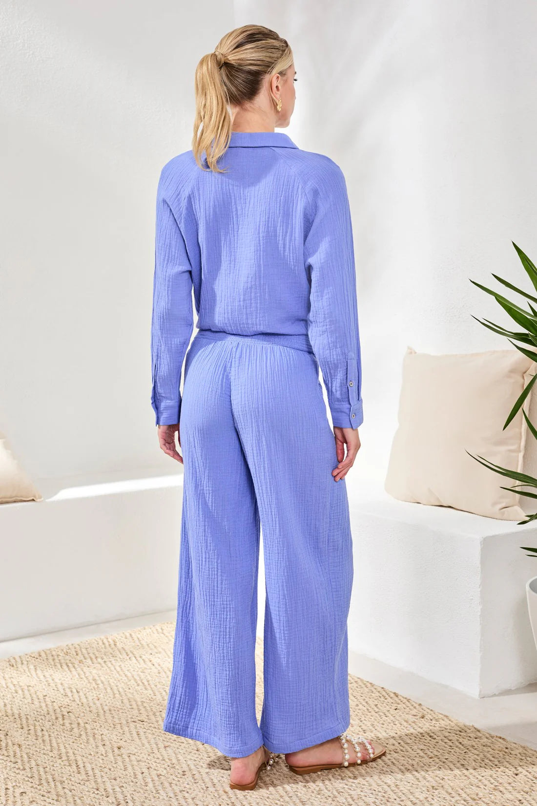 Smocked Elastic Waist Pull-On Wide Leg Cotton Pant. Style TR6057O-4555