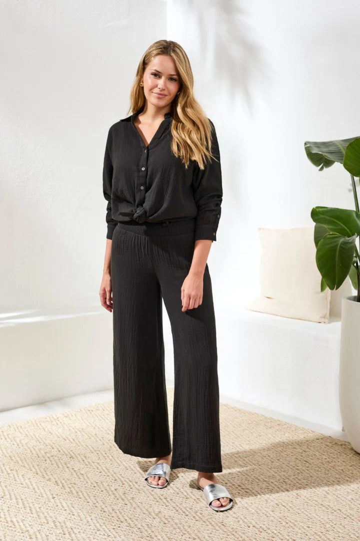 Smocked Elastic Waist Pull-On Wide Leg Cotton Pant. Style TR6057O-4555