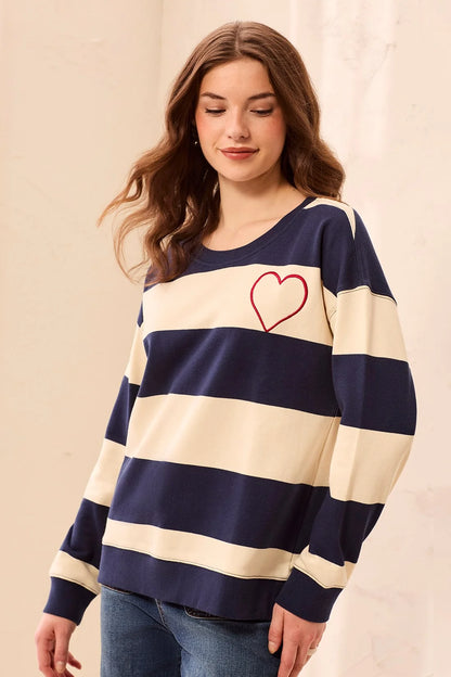 Embroidered Heart Drop Shoulder Cotton Pullover. Style TR3275O-8509