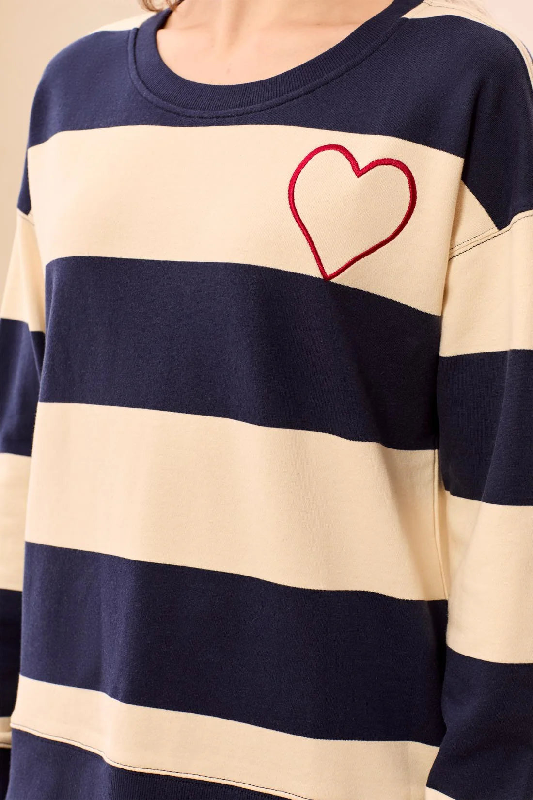 Embroidered Heart Drop Shoulder Cotton Pullover. Style TR3275O-8509